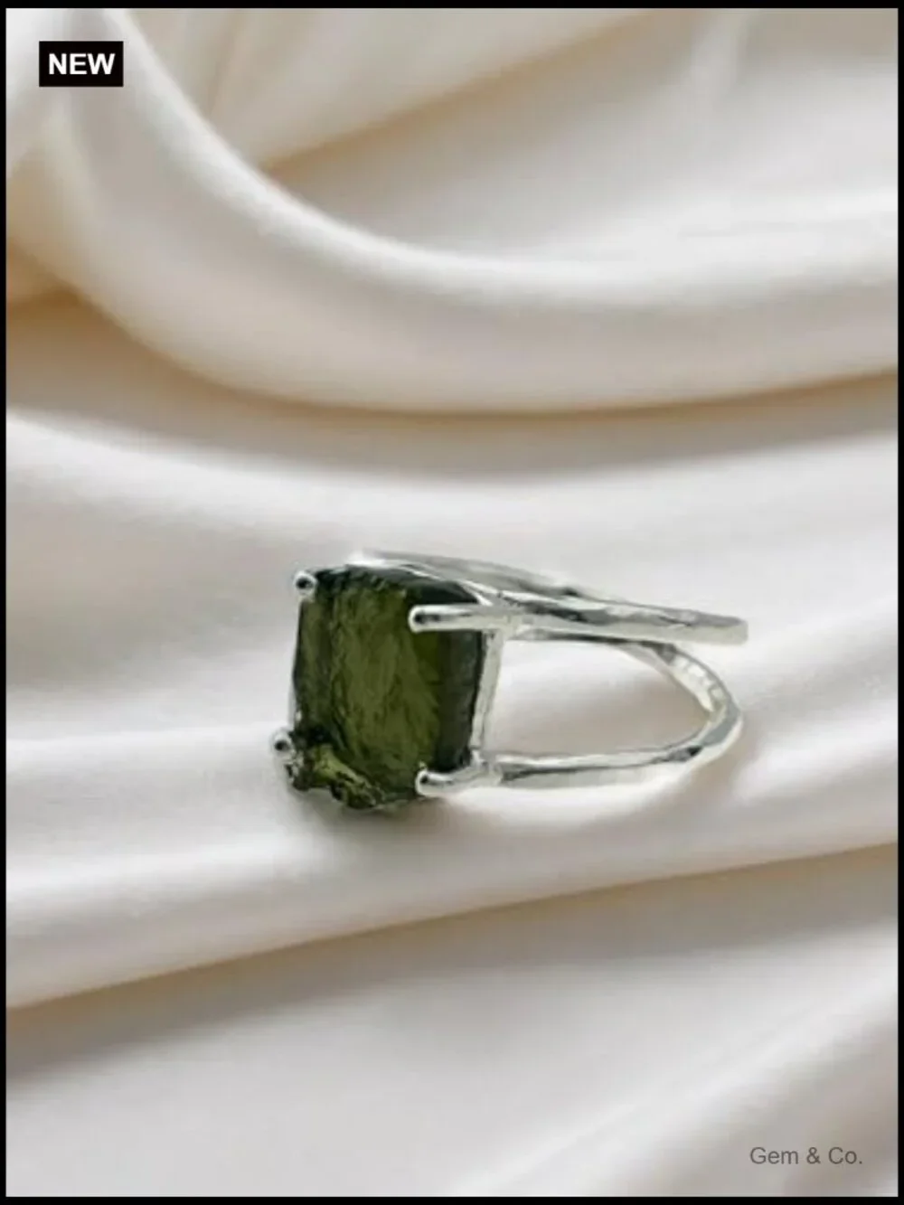 Rough Moldavite Silver Ring 925 Sterling Gemstone Certified Czech Statement Ring